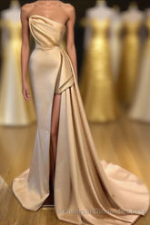 Designer Long Champagne Semi Formal Prom Dress Side Split Evening Party Gowns